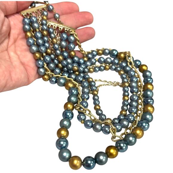Vintage multistrand necklace dramatic beads & chains blue & gold mid century - Picture 6 of 6